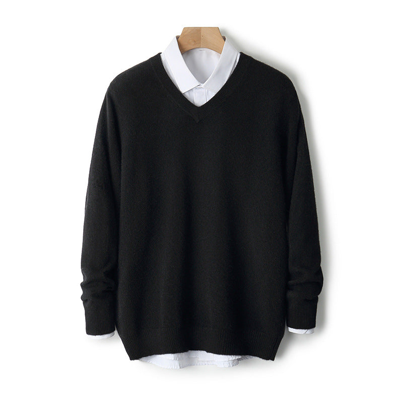 V-Neck Cashmere Sweater – Extra-Thick, Loose-Fit Warm Pullover for Autumn & Winter Wear