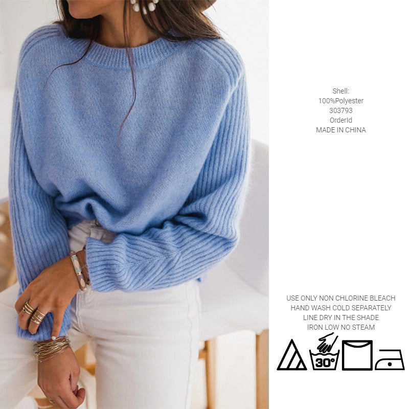 European Milk Blue Bedford Cord Sweater Women's Round-collar Long-sleeve Knitwear 