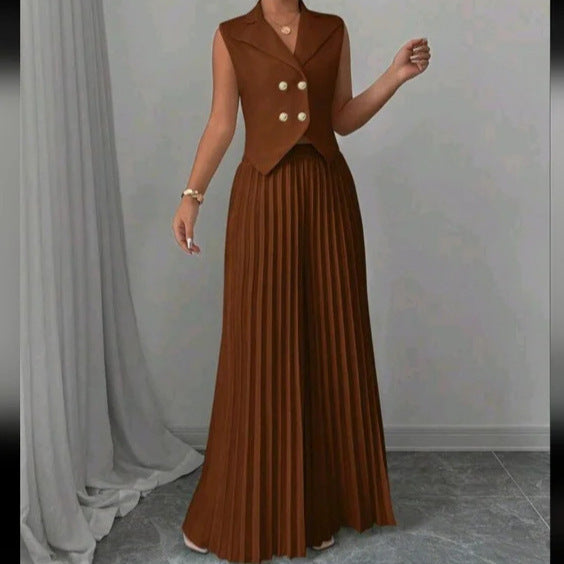 Summer Sleeveless Suit Fashion Lapel Button Vest Top And Pleated Straight Pants | Koalakits36