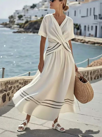 Casual Loose Retro Striped Print Holiday Dress Summer Short Sleeve V Neck Robes Dress Boho Beach Pleated A-Line Long Dress Woman