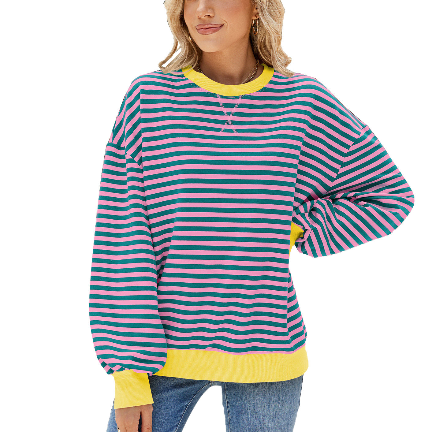 Women's Stripes Round Neck Contrast Color Loose Long Sleeve Sweatshirt