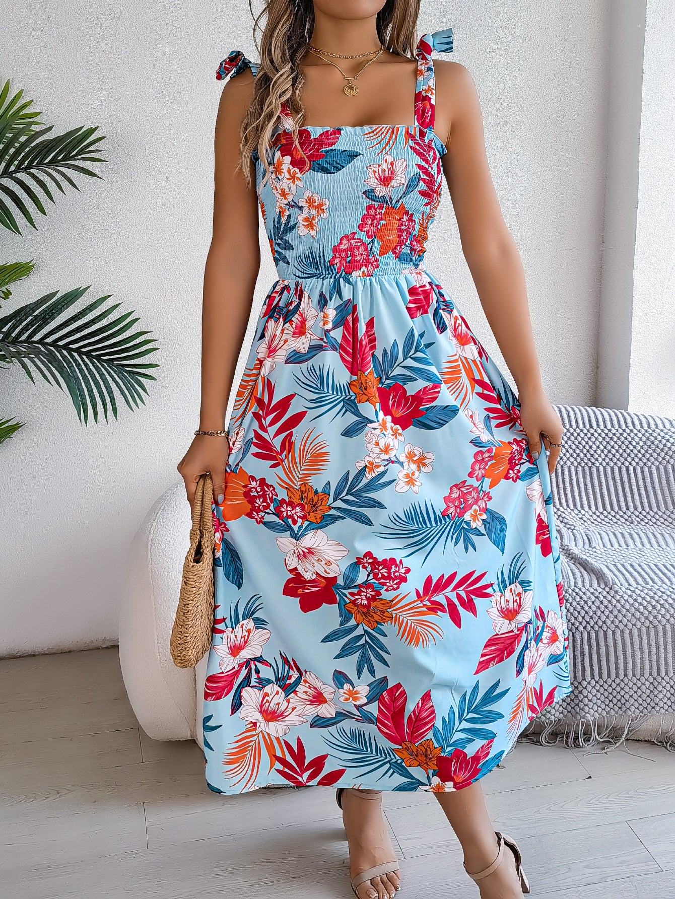 Women's Floral Print Tie Waist Camisole Beach Vacation Maxi Dress