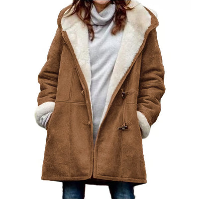 Winter Vintage Button Jackets Women's Warm Fleece Hooded Coat Casual Mid-Length Trench Koalakits36