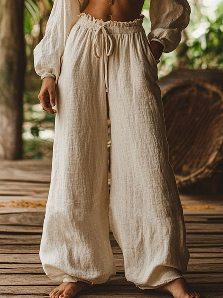 Fashion Casual Loose Artistic Pocket Drawstring Elastic Waist Wide Leg Pants Koalakits36