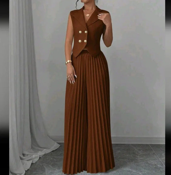 Summer Sleeveless Suit Fashion Lapel Button Vest Top And Pleated Straight Pants | Koalakits36
