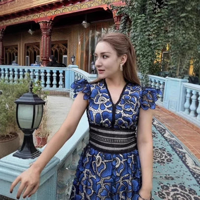 V-neck Lace Puff Sleeve Embroidered Solid Color Dress