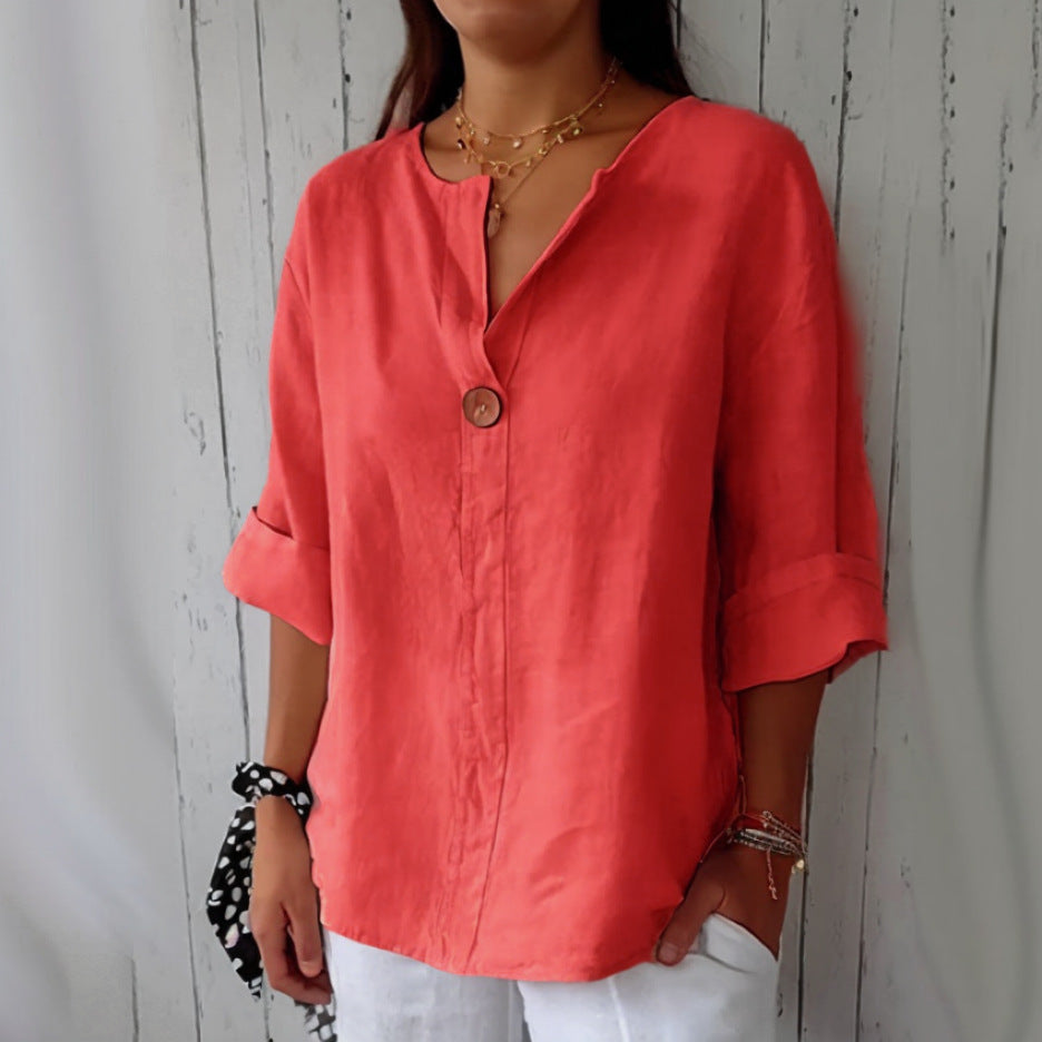 V-neck Long-sleeved T-shirt Fashion Loose Cotton And Linen Button Tops | Koalakits36
