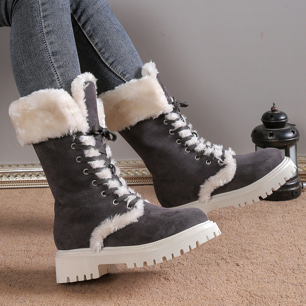 Winter Lace-up Snow Boots For Women Mid-tube Fleece Shoes Warm Chunky Heels Plush Boot Koalakits36