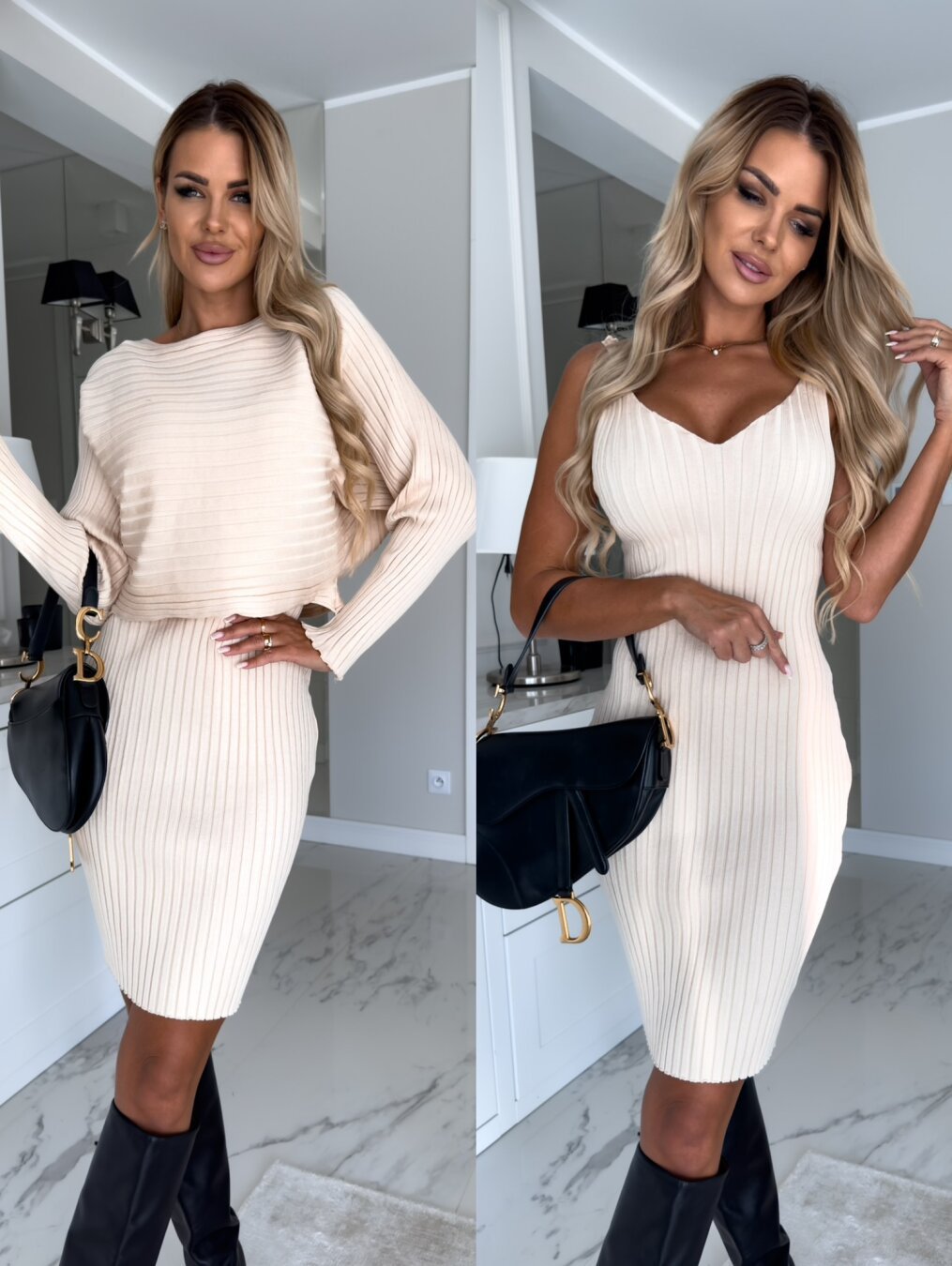 Women's Solid Stripe Long-sleeved Top And Tight Suspender Skirt Fashion Autumn Winter Slim Clothing Koalakits36
