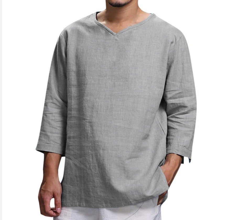 Loose Casual V-neck Top Cotton And Linen Long Sleeve