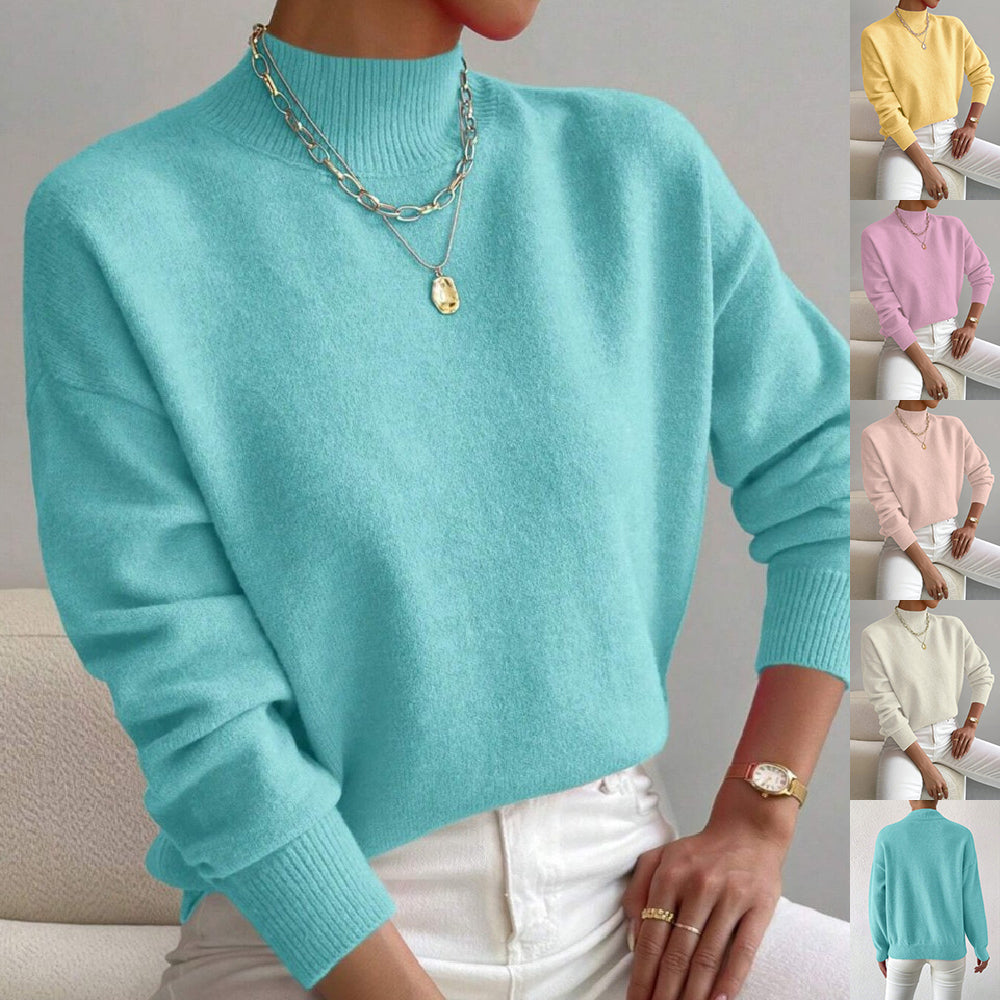Women's Pullover Sweater Casual Solid Color Mid-high Neck Long-sleeved Knitted Tops koalakits36