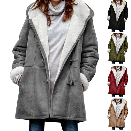 Winter Vintage Button Jackets Women's Warm Fleece Hooded Coat Casual Mid-Length Trench Koalakits36