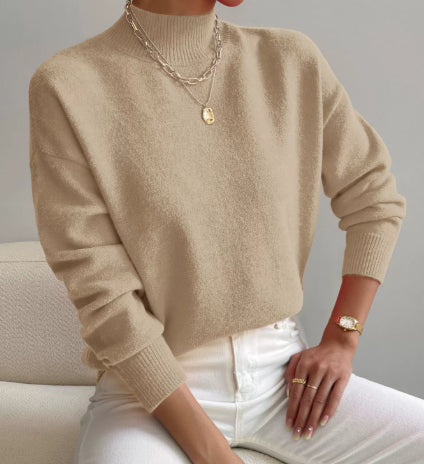 Women's Pullover Sweater Casual Solid Color Mid-high Neck Long-sleeved Knitted Tops koalakits36