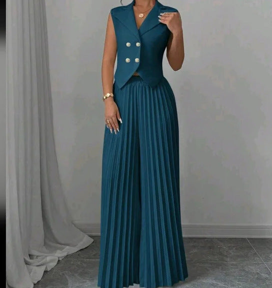 Summer Sleeveless Suit Fashion Lapel Button Vest Top And Pleated Straight Pants | Koalakits36