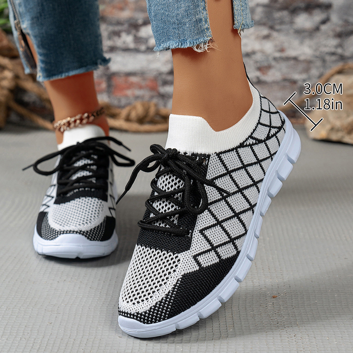 Colorblock Plaid Lace-Up Flyknit Sneakers Ins Mesh Casual Shoes Fashion Breathable | Koalakits36