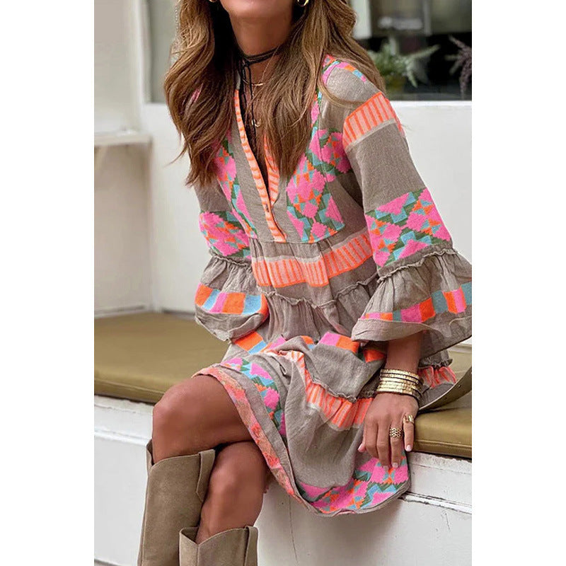 Fashion Print V-neck Dress Summer Ruffle Three Quarter Sleeve Dresses For Women Clothing | Koalakits36