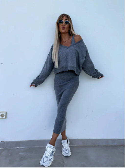 Women's Two Piece Dress Suit Fashion Long-sleeved  V-neck Pullover Sweatshirt And Sleeveless Dresses Set