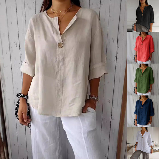 V-neck Long-sleeved T-shirt Fashion Loose Cotton And Linen Button Tops | Koalakits36