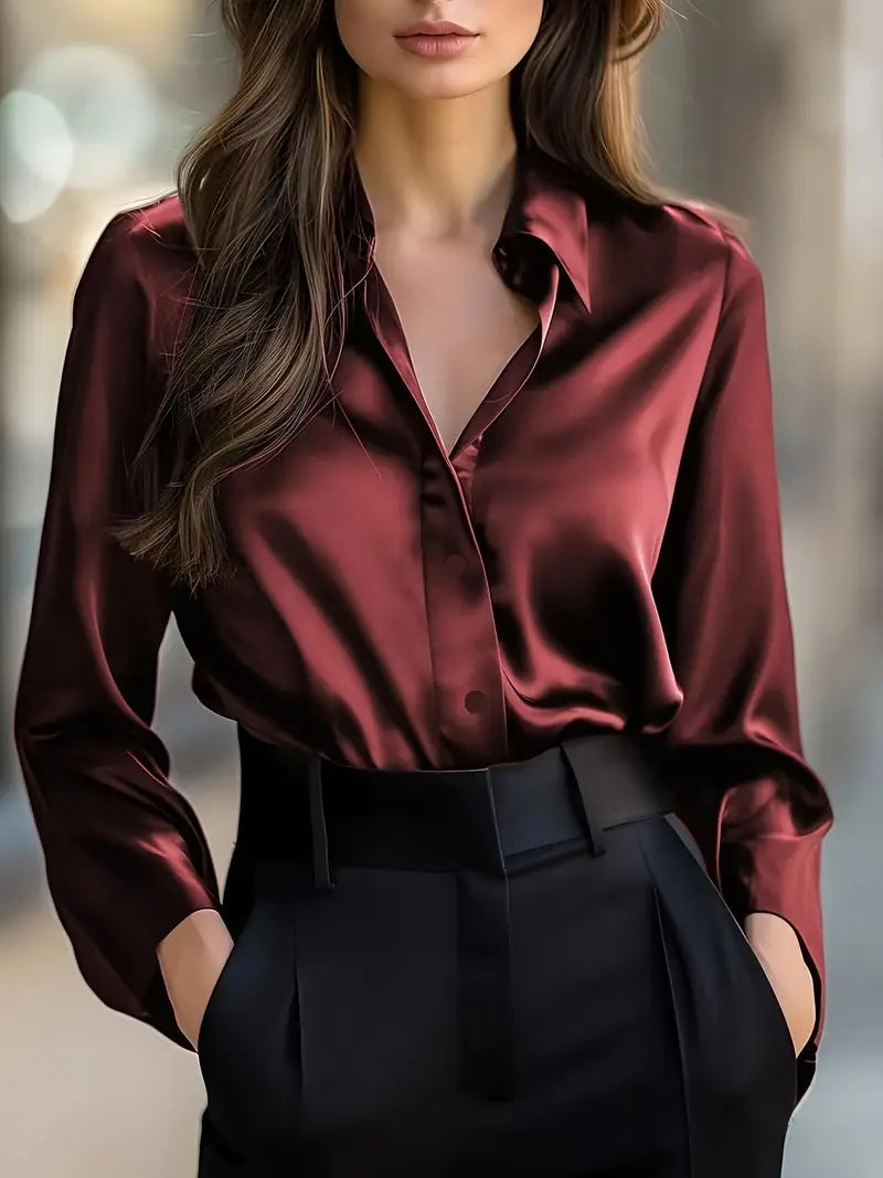 Elegant Satin Long Sleeve Blouse For Women Button-Up Collar Shirt Perfect For Casual Professional Business Work Wear Koalakits36