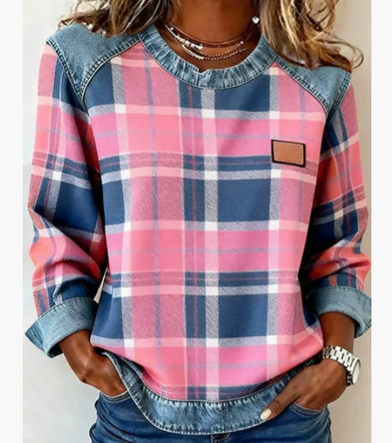 Denim Patchwork Sweatshirt for Women | Long Sleeve Pullover