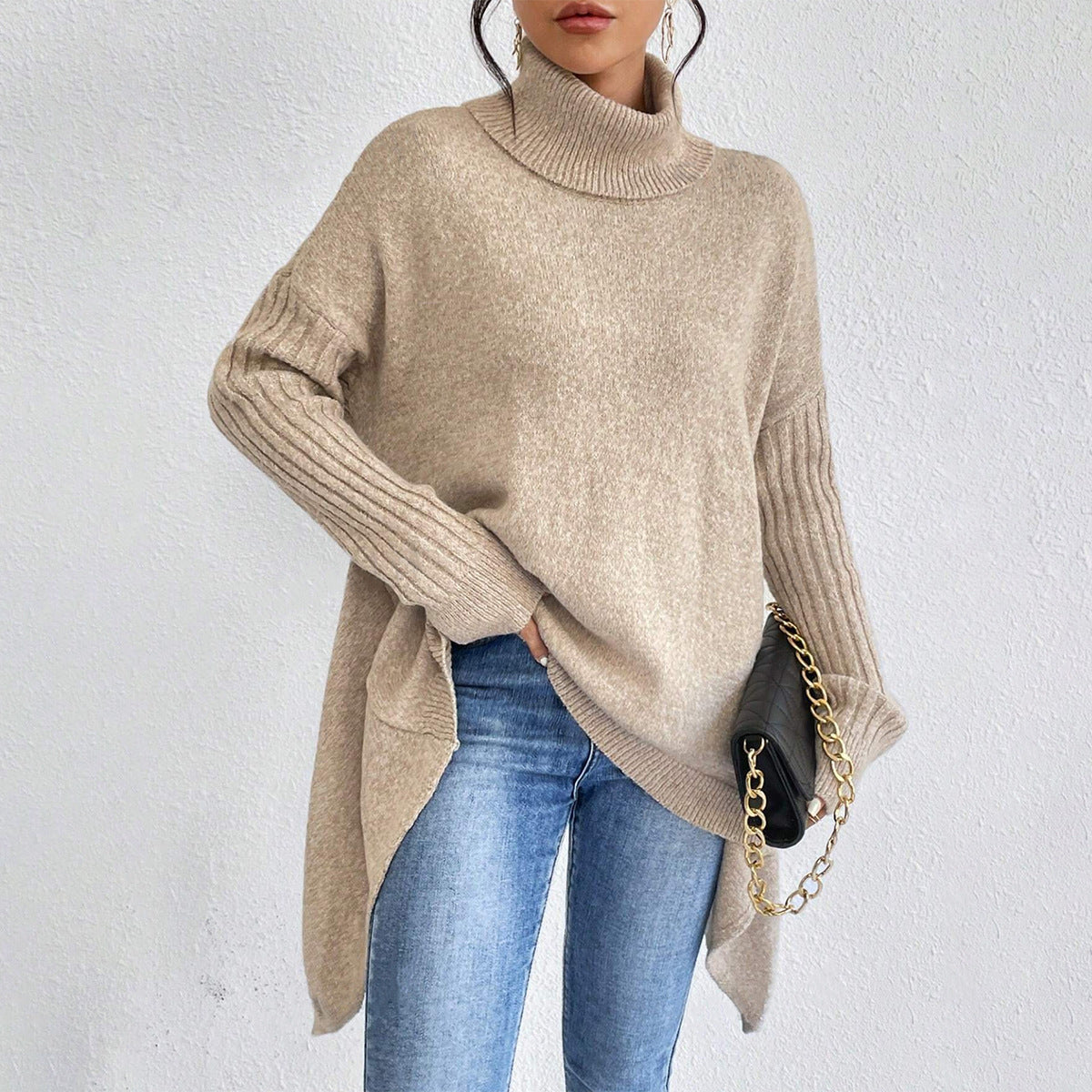Irregular Turtleneck Sweater Winter Loose Long Sleeve Knitted Tops Leisure Warm Pullover Sweater Koalakits36