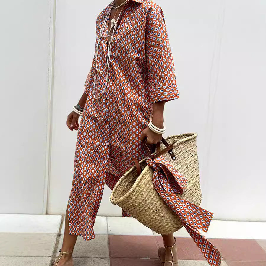 Striped Shirt Dress With Belt Fashion Half-sleeved Lapel Button Cardigan Dresses