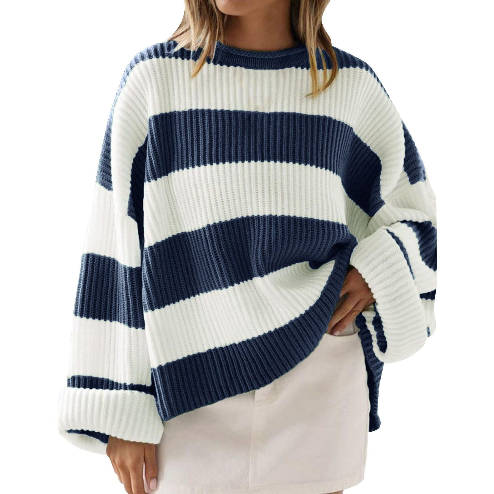 Loose Striped Sweater Fashion Casual Long Batwing Sleeve Round Neck Pullover Knit Tops Koalakits36