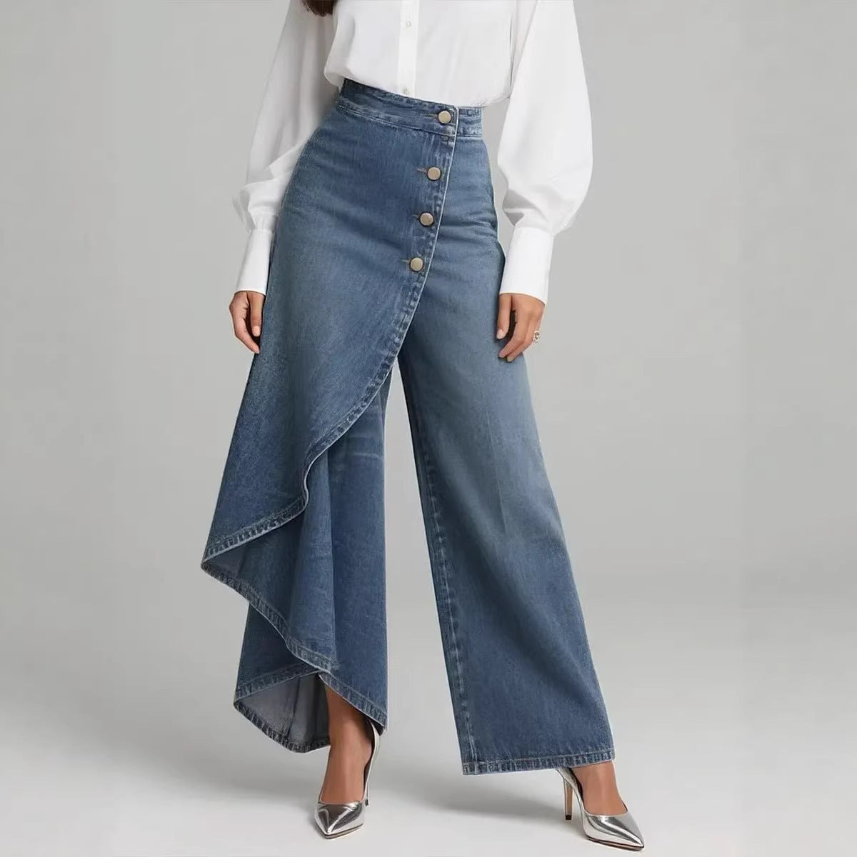 Unique Straight-leg Pants Fashion Large Ruffled Buttons Trousers Women's Faux Jeans Clothing