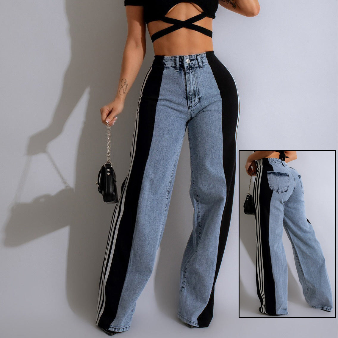 Fashion Casual High Waist Elastic Straight Leg Trousers Three Stripe Patchwork Denim Wide Leg Pants