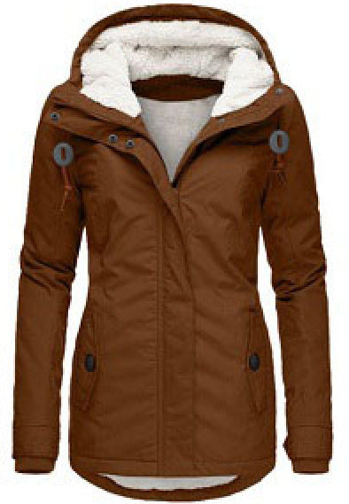 Winter Hooded Jacket Solid Color Warm Buckle Zip-up Fleece Jacket With Pockets Women's Casual Jacket Koalakits36