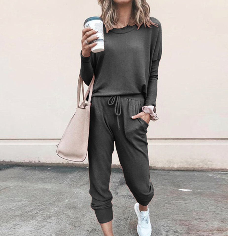 Women's Long Sleeve Suit Fashion Pullover Top And Pockets Drawstring Long Pants Solid Color Casual Sports Trouser Suit Clothing Koalakits36