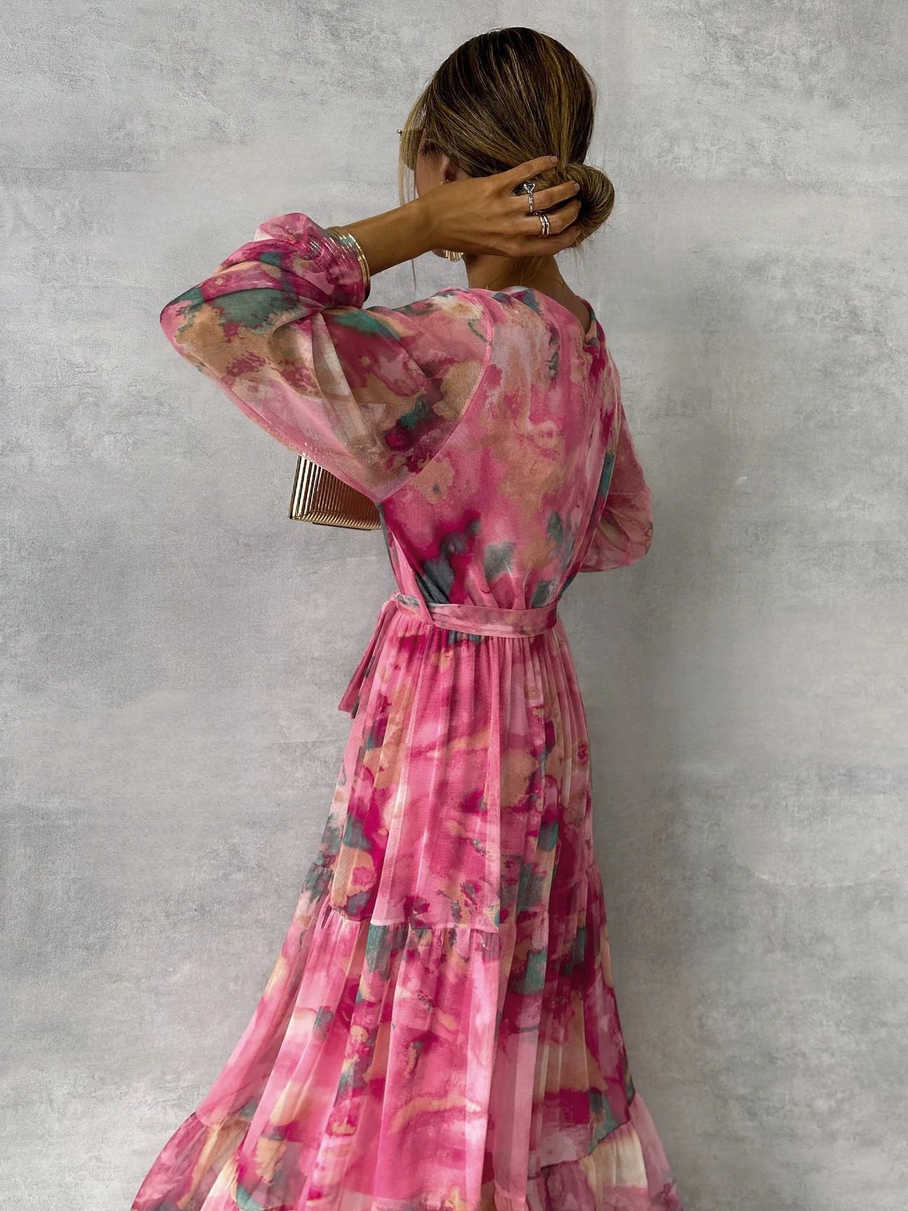 Long-sleeved Floral Print Dress Elegant V-neck Pleated High-waisted Big Swing Chiffon | Koalakits36