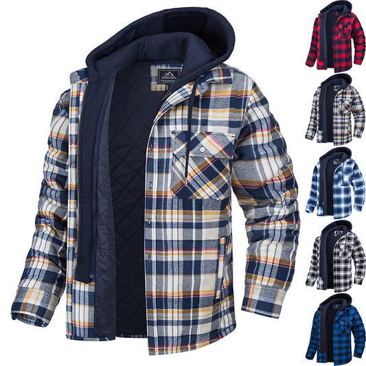 Men's Plaid Hooded Coat Winter Warm Button Zip-up Jacket Fashion Casual Thick Padded Long Sleeves Outerwear Clothing Koalakits36