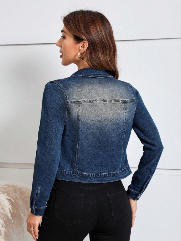 Women's Casual Distressed Cropped Denim Jacket | Koalakits36