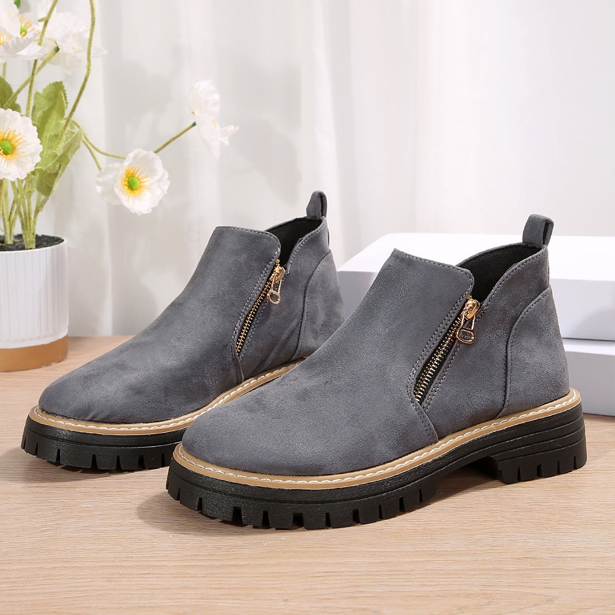 Fashion Ankle Boots With Side Zipper Ins Chunky Boots Autumn Winter Suede Shoes Women Koalakits36