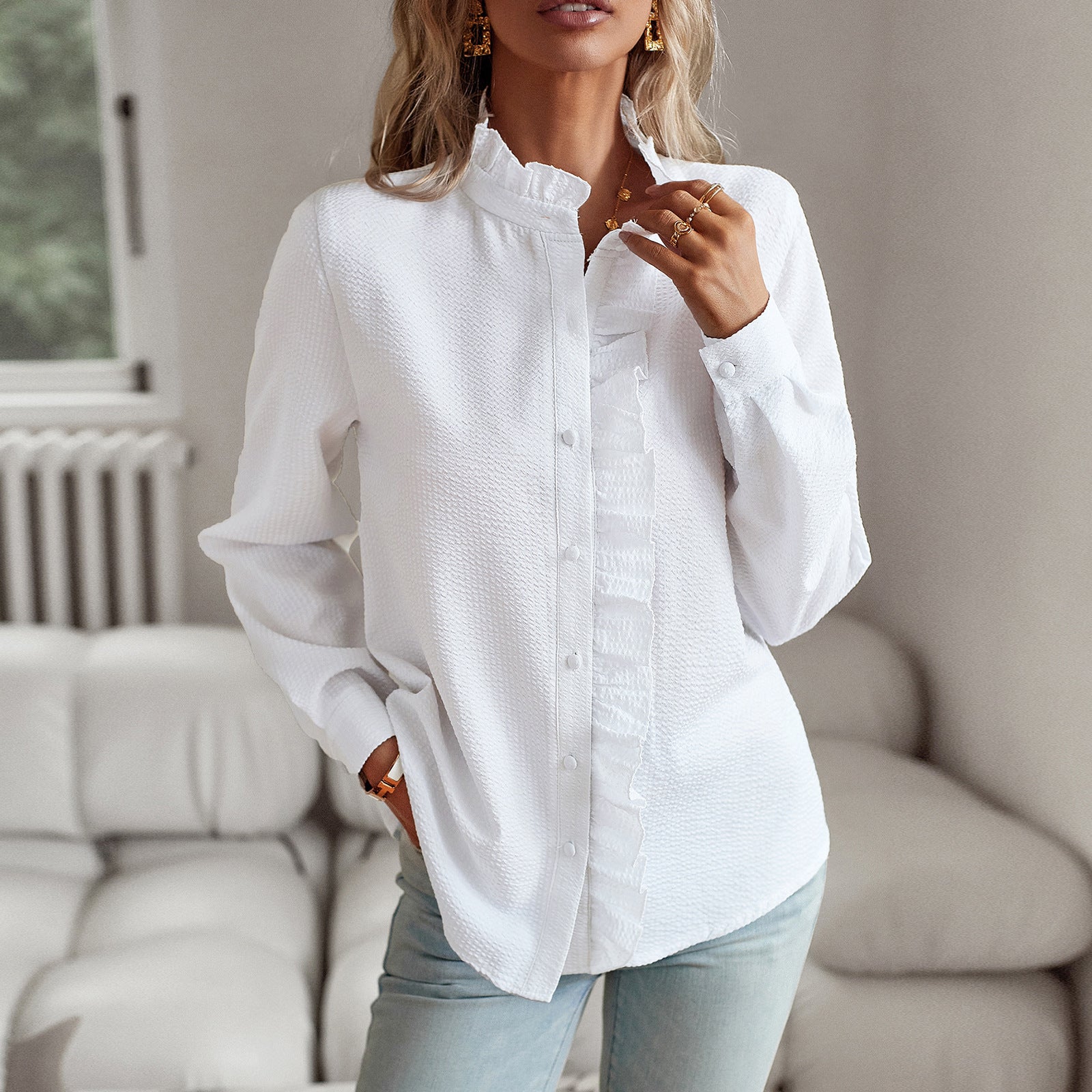 Striped Long Sleeve Shirt Fashion Ruffle Design Button Up Tops | Koalakits36