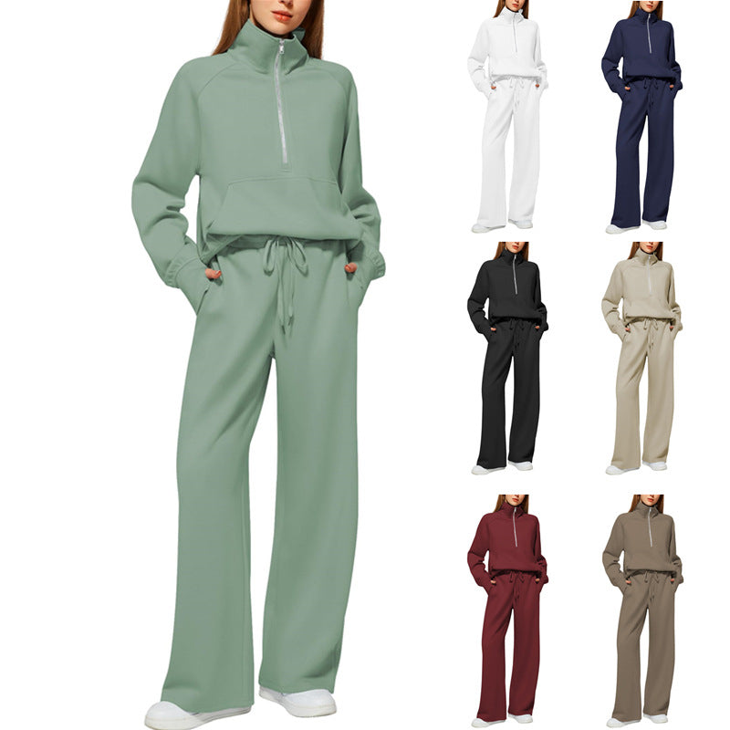 Women’s Solid Color Half-Zip Sweatshirt & Wide Long Pants