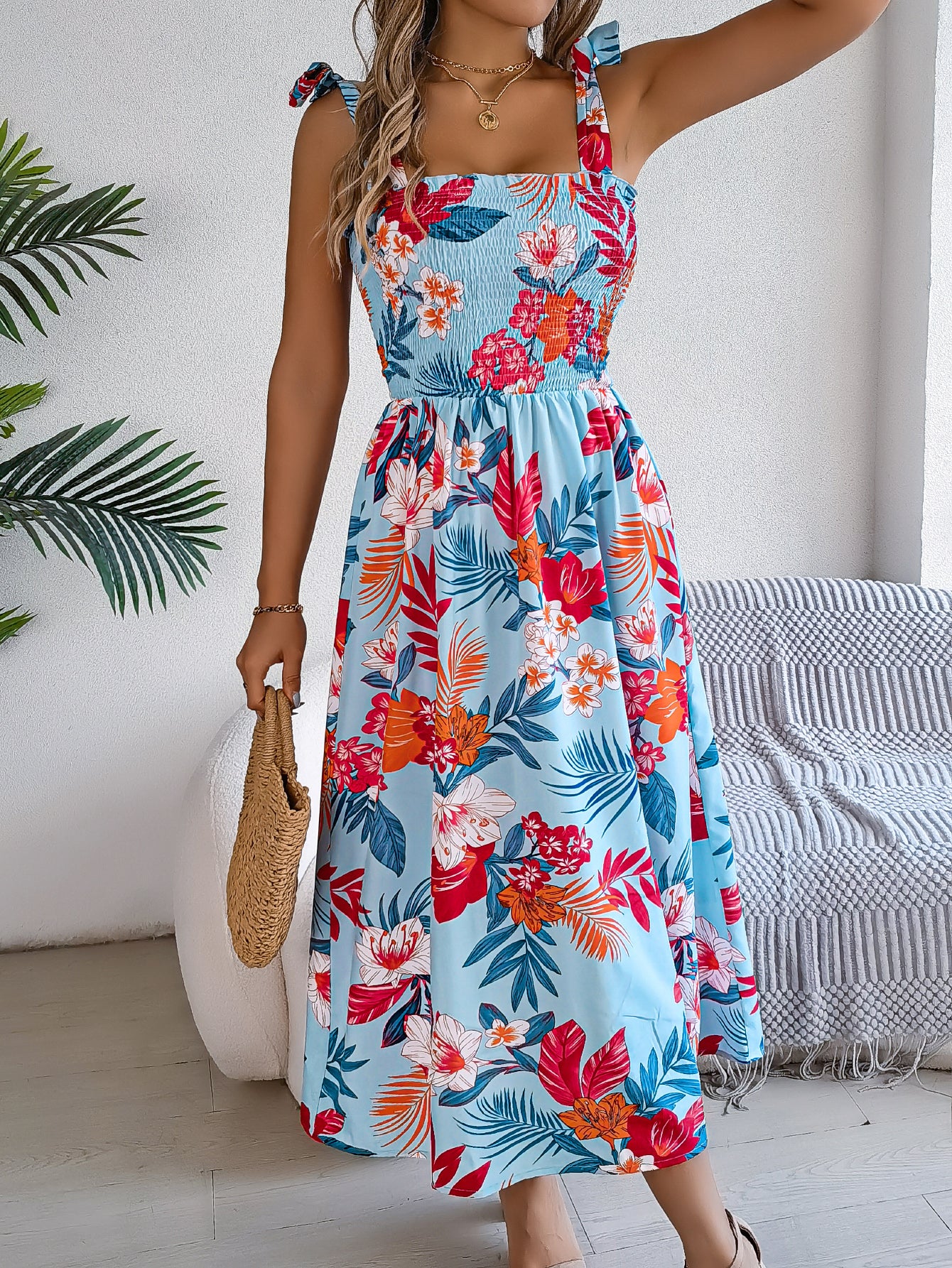 Women's Floral Print Tie Waist Camisole Beach Vacation Maxi Dress