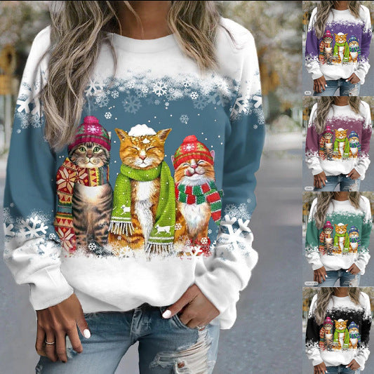 Cross-border Women's Christmas New Snowman And Cat Printed Long Sleeve Casual Loose-fitting T-shirt 