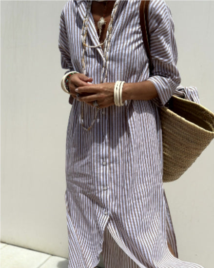 Striped Shirt Dress With Belt Fashion Half-sleeved Lapel Button Cardigan Dresses