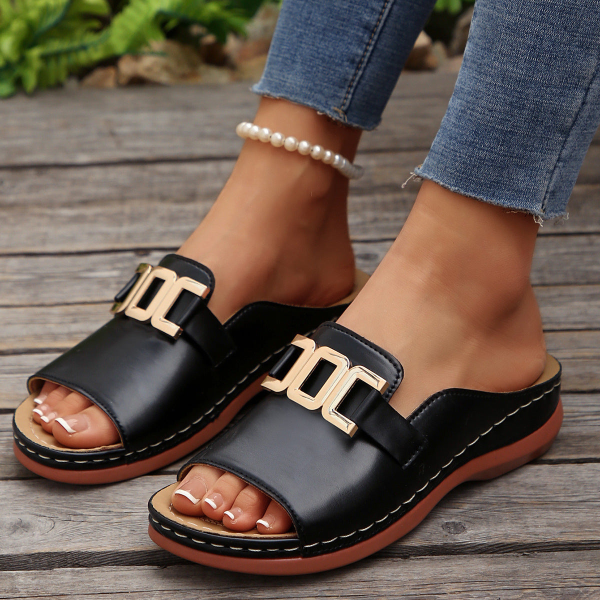 Chain Wedges Sandals Summer Fashion Platform Peep-toed Slides Slippers Outdoor Thick Bottom Roman Shoes For Women