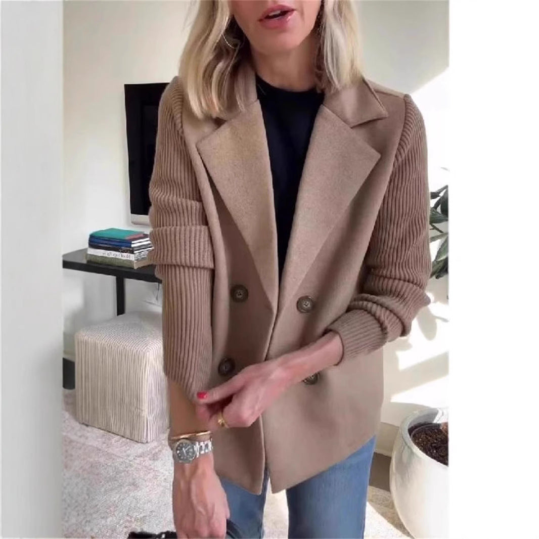 Double Breasted Lapel Jacket Fashion Knitted Sleeves Splicing Design Coat Outerwear Koalakits36