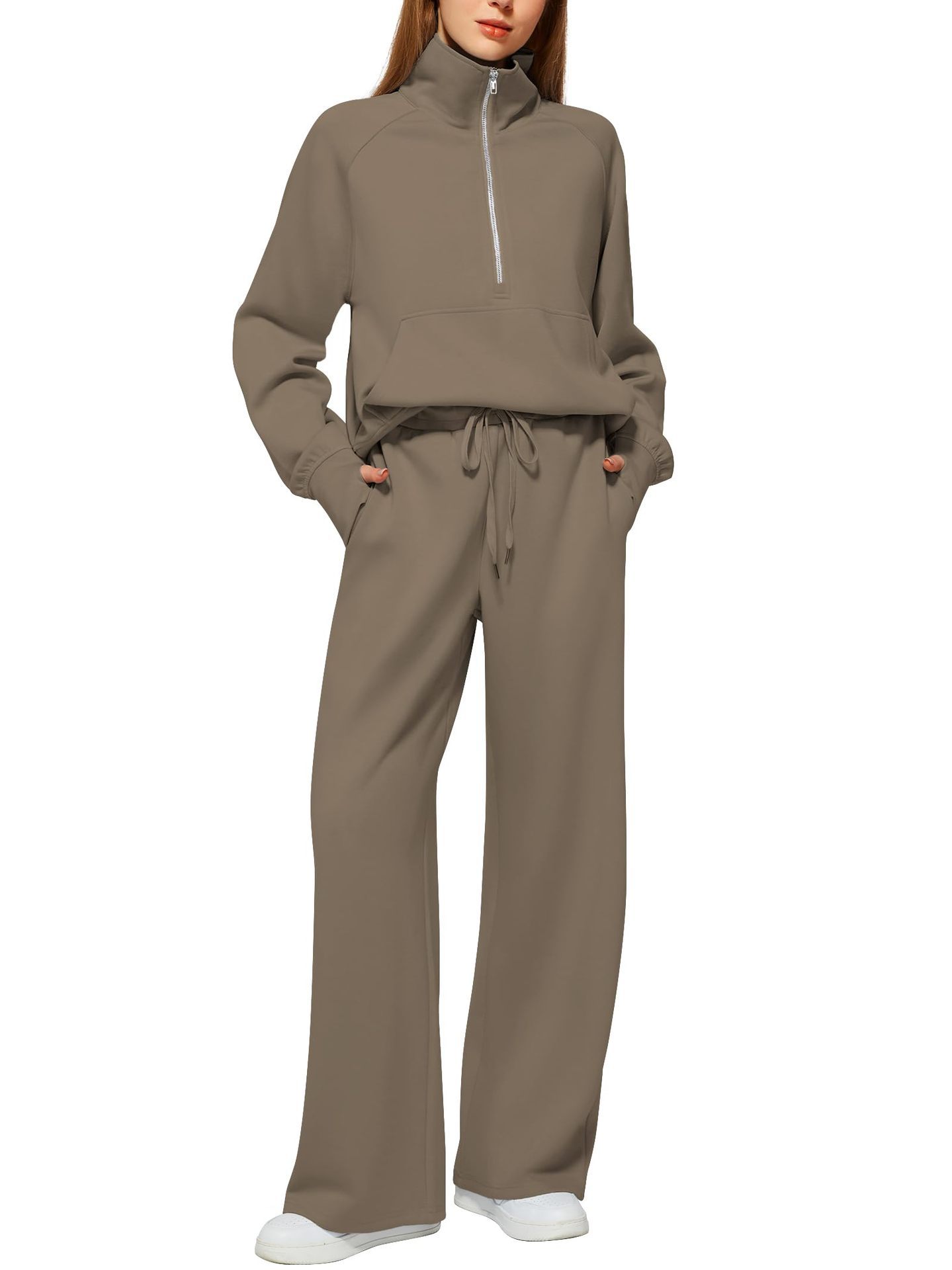 Women’s Solid Color Half-Zip Sweatshirt & Wide Long Pants