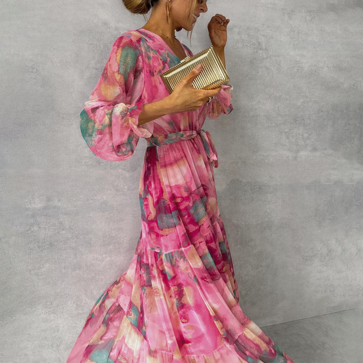 Long-sleeved Floral Print Dress Elegant V-neck Pleated High-waisted Big Swing Chiffon | Koalakits36