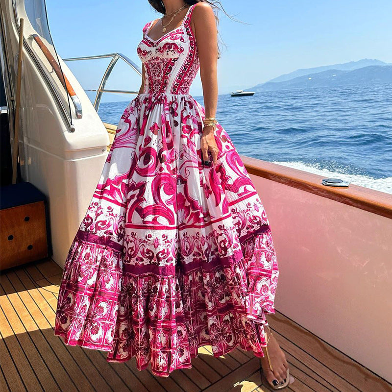 Printed Sleeveless Dress Fashion Spaghetti Waist-controlled Large Hem Dresses For Women | Koalakits36