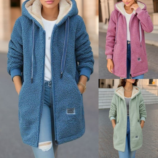 Winter Fleece Hooded Jacket Fashion Casual Zip-up Pockets Long Sweatshirt Warm Koalakits36