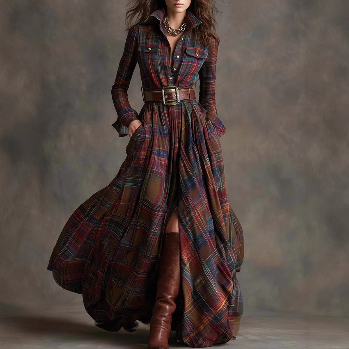 Plaid Print Long-Sleeved Dress Fashion Pockets Collared Buttons Shirt Long Dresses Retro Koalakits36