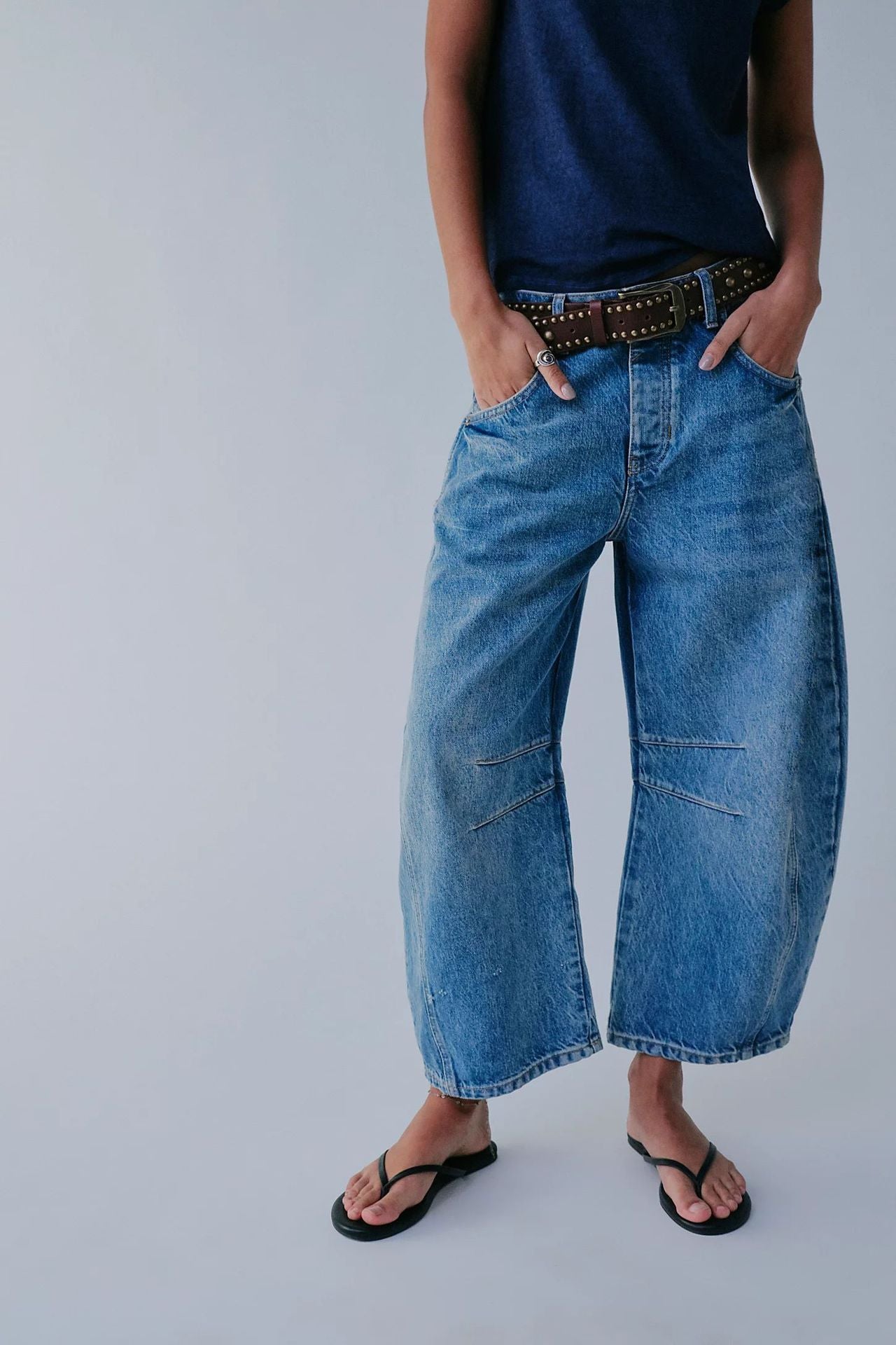 High Stretch Mid-Rise Barrel Jeans Fashion Wide Leg Shape Women Casual Baggy Mid Waist  | Koalakits36