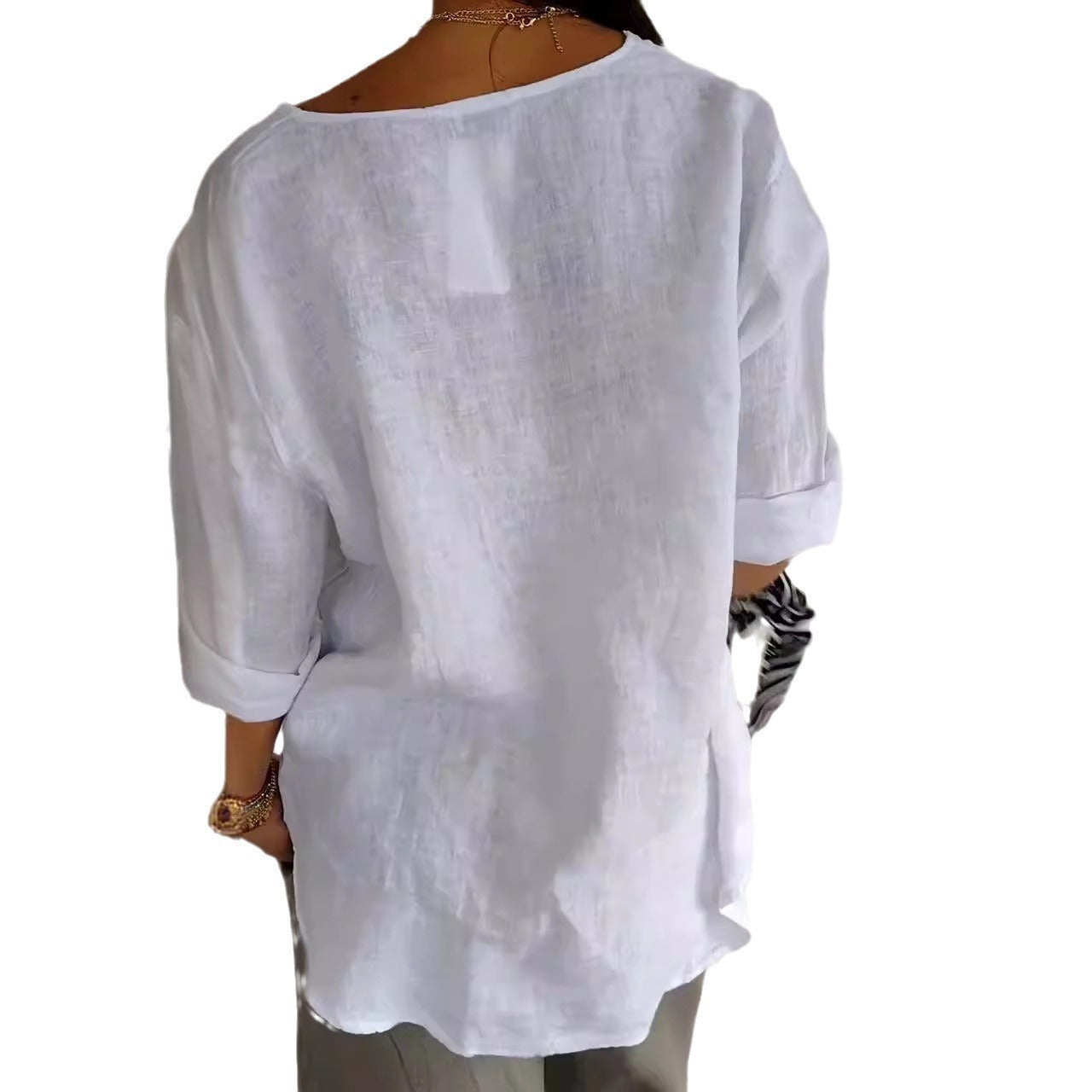 V-neck Long-sleeved T-shirt Fashion Loose Cotton And Linen Button Tops | Koalakits36