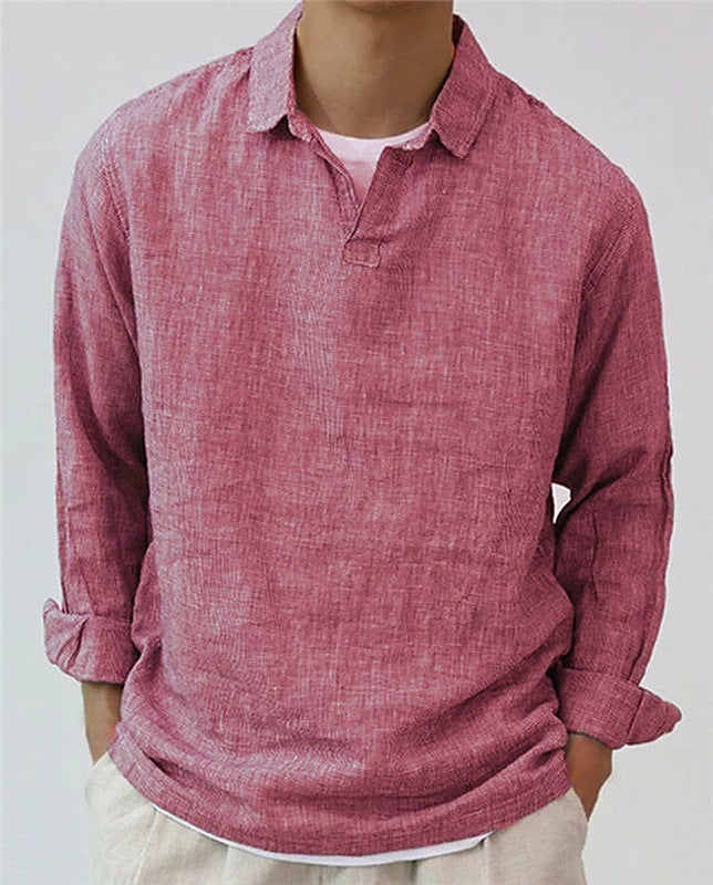 Men's Pullover Shirt Solid Color Long Sleeve Lapel Oversize Casual Top Tee